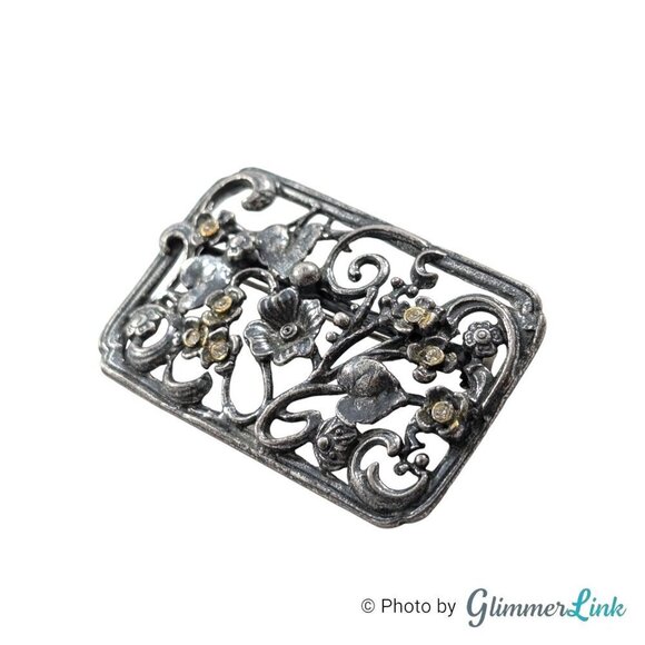 VTG Art Nouveau Style Rectangular Floral Ornate Rhinestone Silver Tone Brooch - Picture 3 of 9